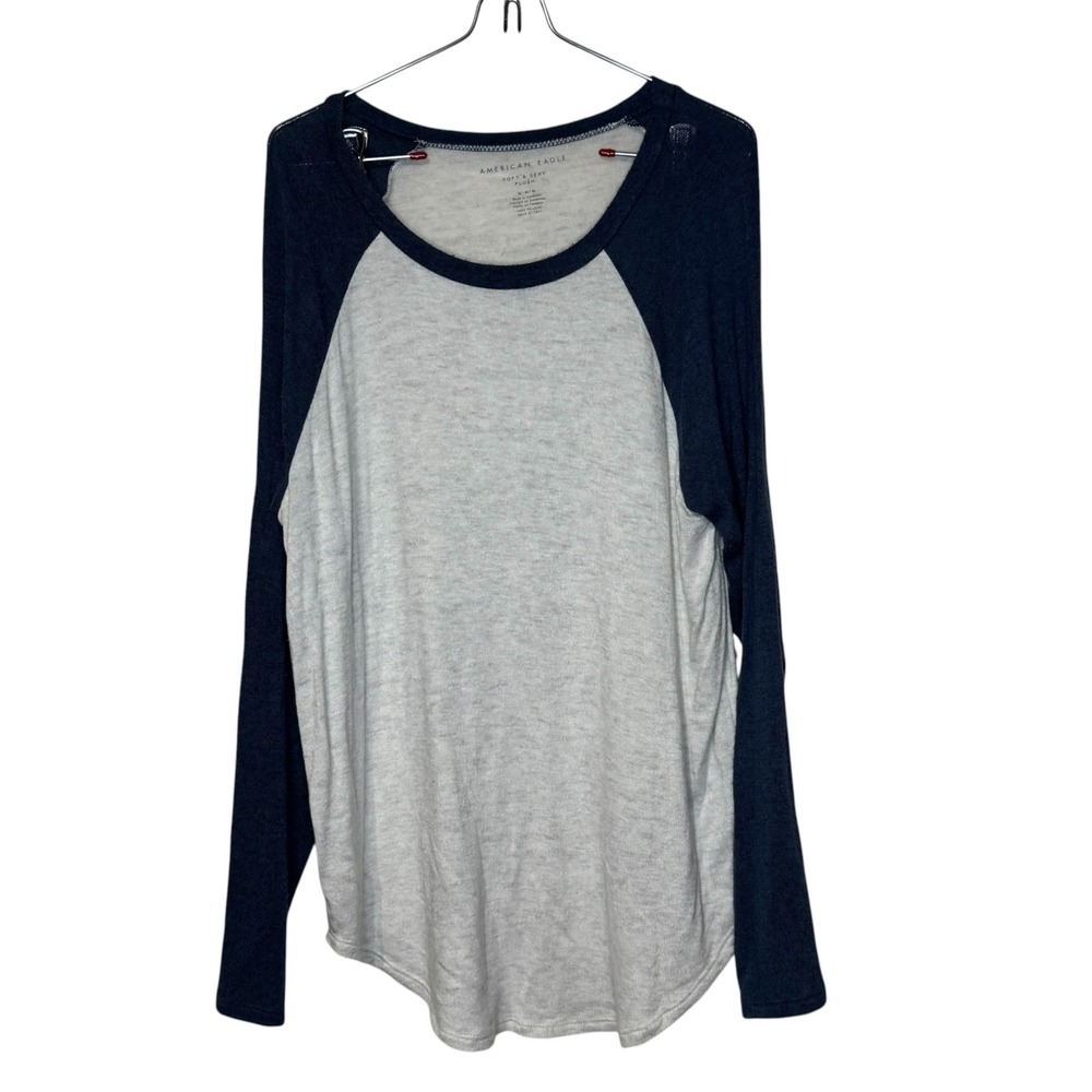 American Eagle Womens Top Soft & Sexy Plush Raglan Sleeve White Blue Medium